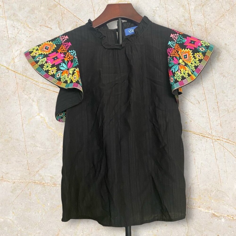 Black Embroidered Colorful‎ Floral Flutter Sleeve Blouse Ruffle Neck Lightweight